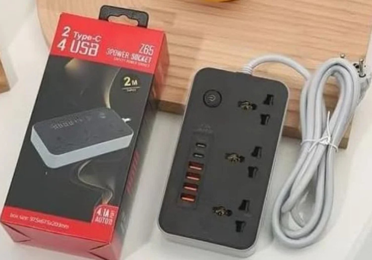 چندراهی برق خارجی طول کابل ۲ متر دارای سوکت یواس بی و تیپ سی سه خانه 3POWER SOCKET Z65 2 TYP0E-C پویا گیم لند
